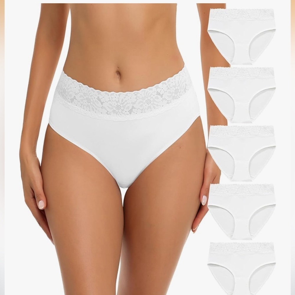 Lace Waist High-Cut Cotton Briefs - White medium 5-pack
